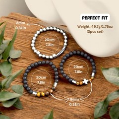 3 PCS Triple Protection Bracelet Set for Men Tiger Eye, Hematite, Onyx Beaded…