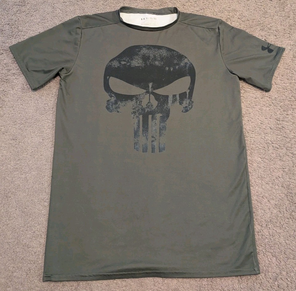 Under Armour X Marvel Punisher Skull Logo Green Compression T-Shirt Men’s XL