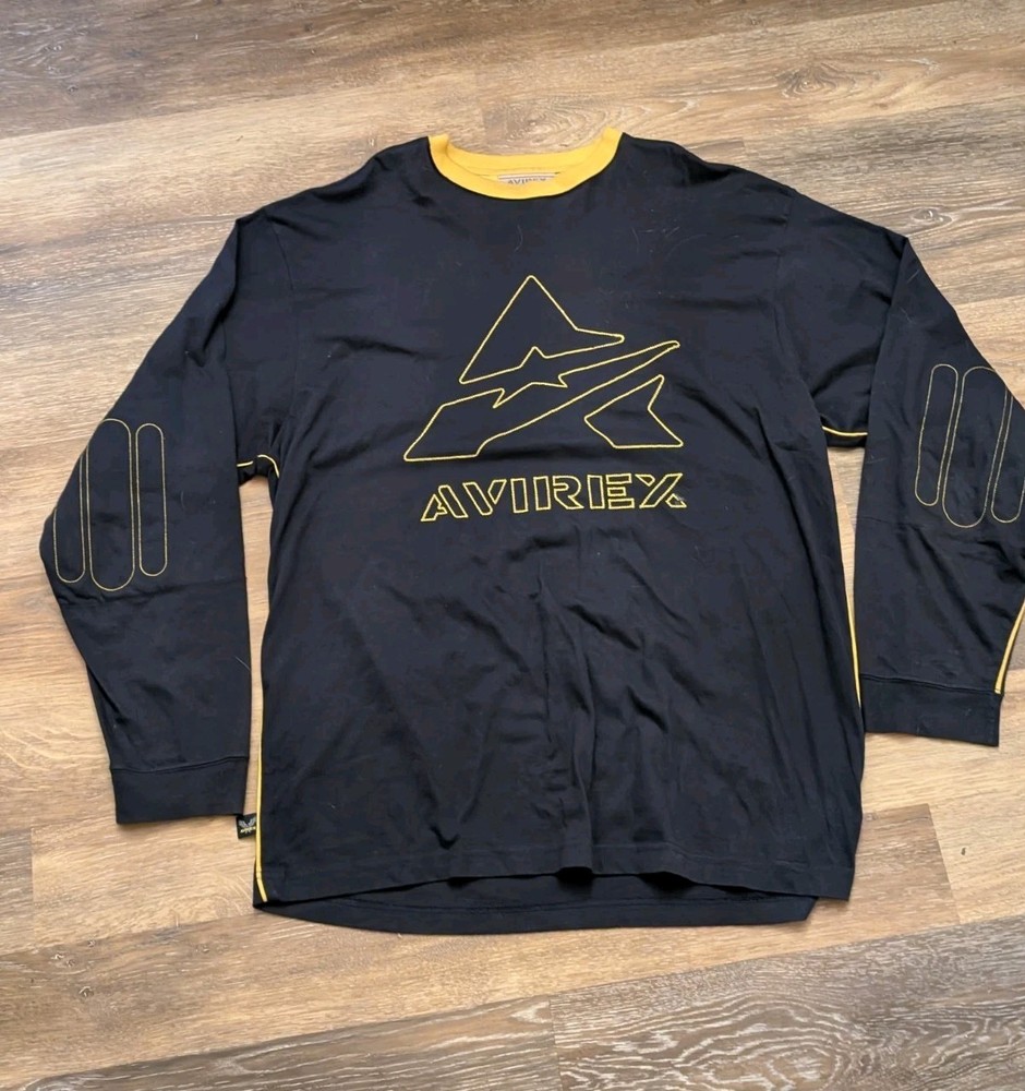 Avirex Shirt 2XL 00s Y2k Yellow Black Long Sleeve Elbow Pads