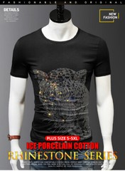 Men Fashion Diamonds T-Shirt Leopard Print Rhinestones Hot Drill Short Sleeve