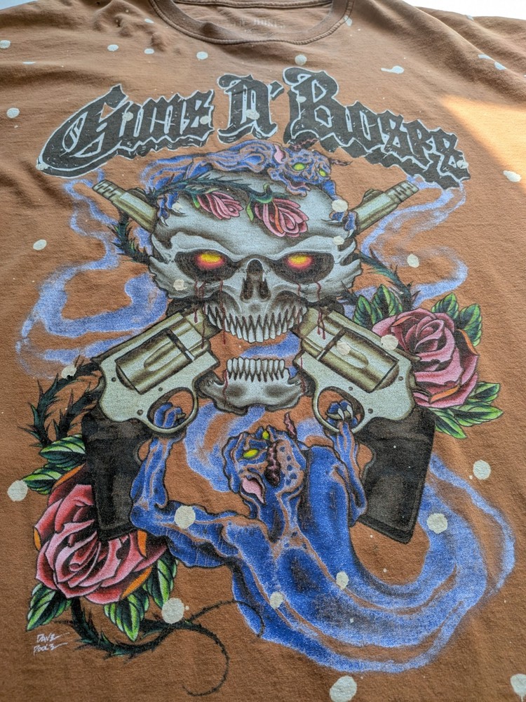 Guns N’ Roses T Shirt Skull Revolvers Orange Bleach Thrashed Tee Mens XL