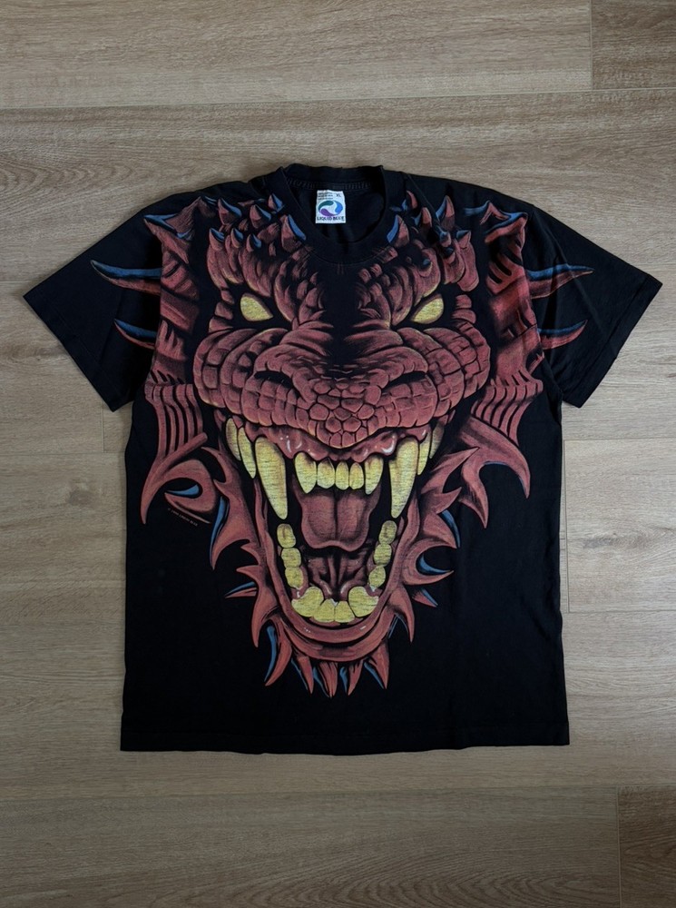 Vintage 1996 Liquid Blue Red Green Dragon Face AOP Double-Sided T-Shirt Size XL
