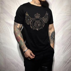 New Fashion Tiger Trend Rhinestones Summer Short Sleeve Luxury Men Black T-Shirt