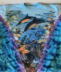 Vintage 90s Y2K Liquid Blue Aquatic Oceanlife Tie Dye Shirt Medium Fish Animals