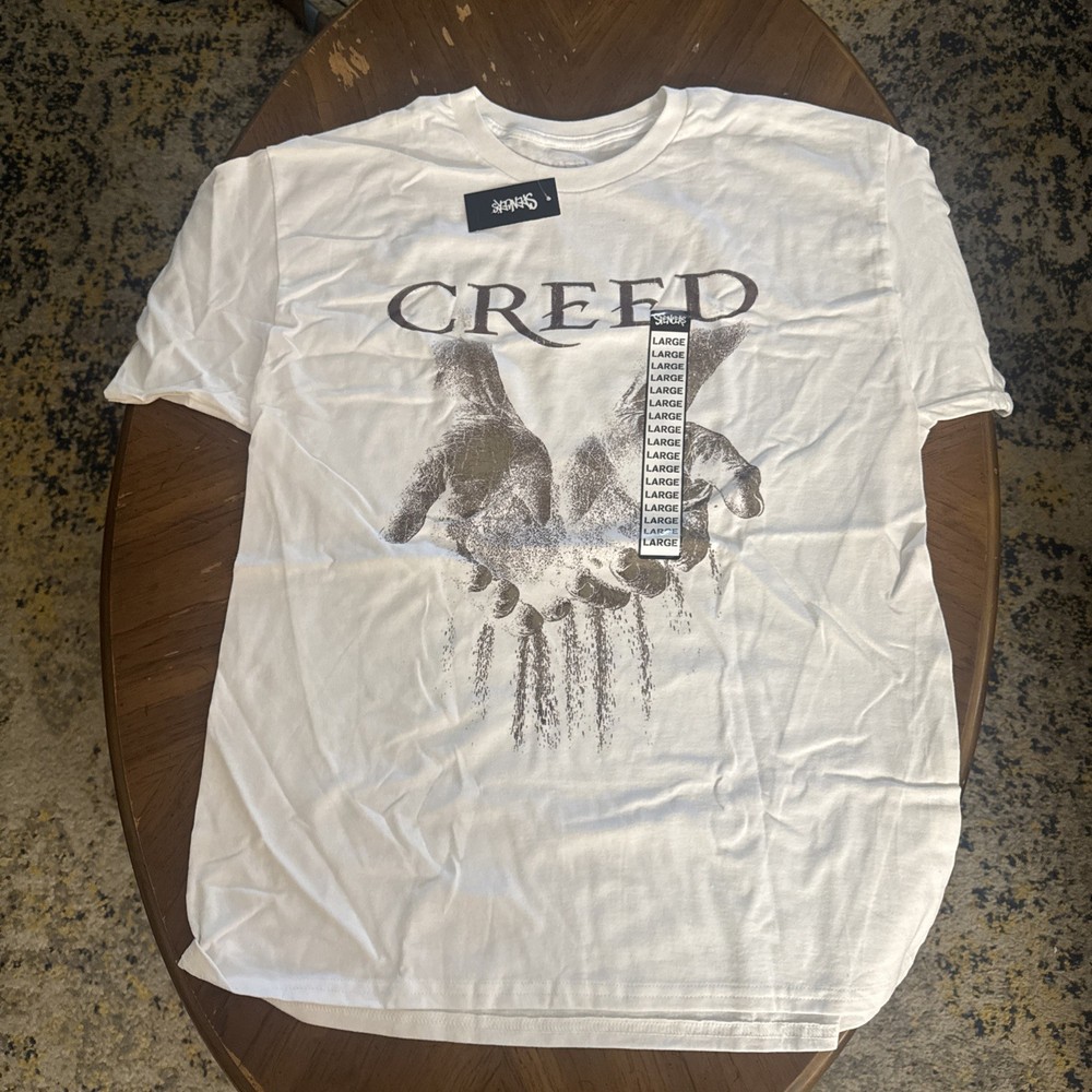 New Creed Band T Shirt Mens Large White Graphic Hands Spencer’s Rock Band NWT