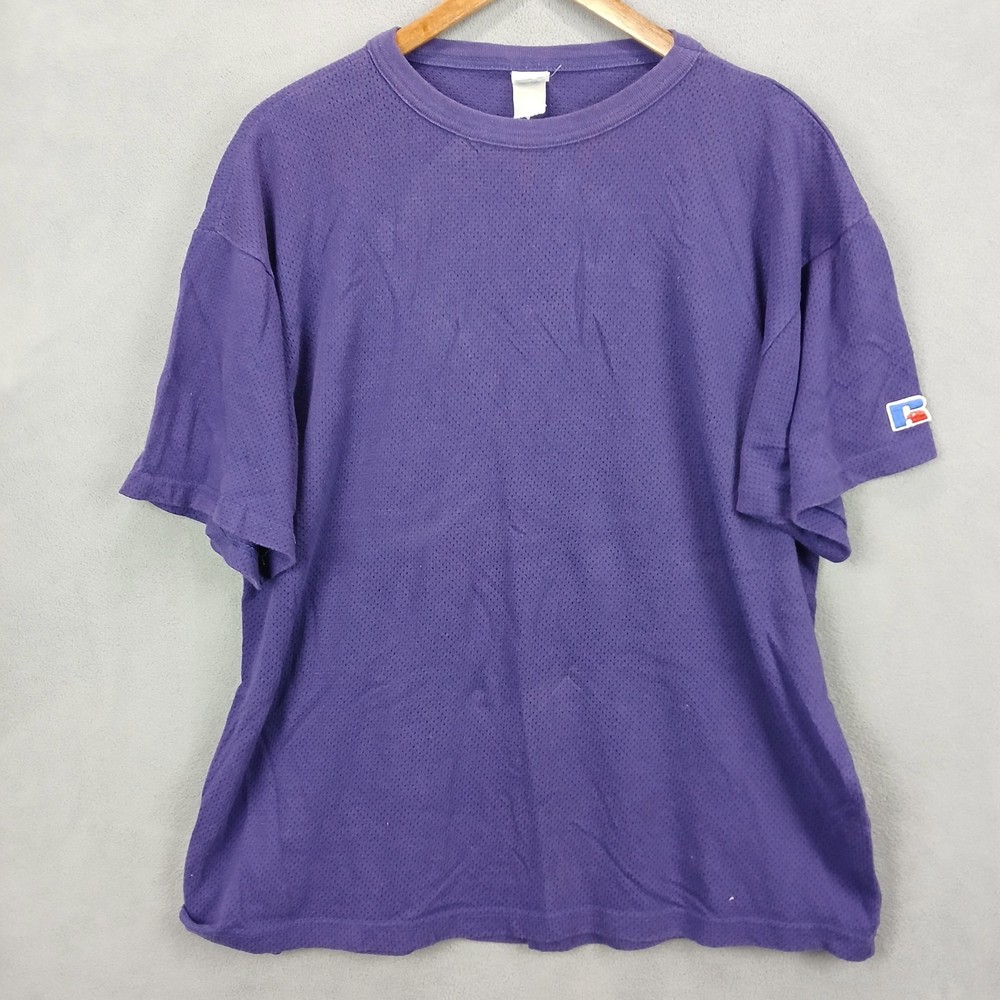 Vintage Russell Athletic T-Shirt Mens Large Purple Mesh Short Sleeve Crew Neck