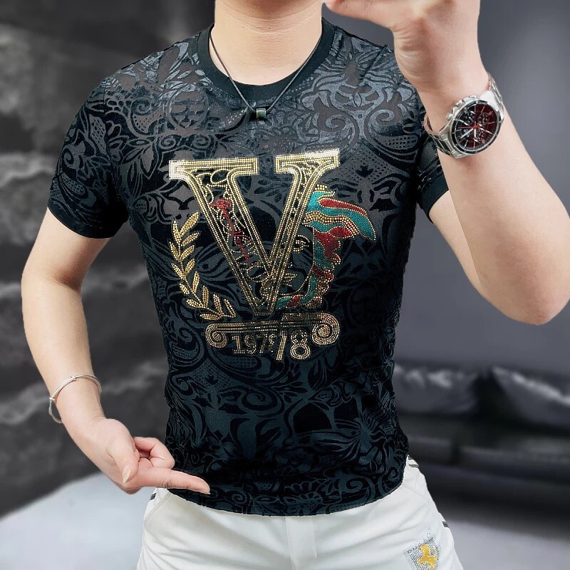 New Men Luxury Diamond Rhinestones Fashion T-Shirt High Quality 2 Colors