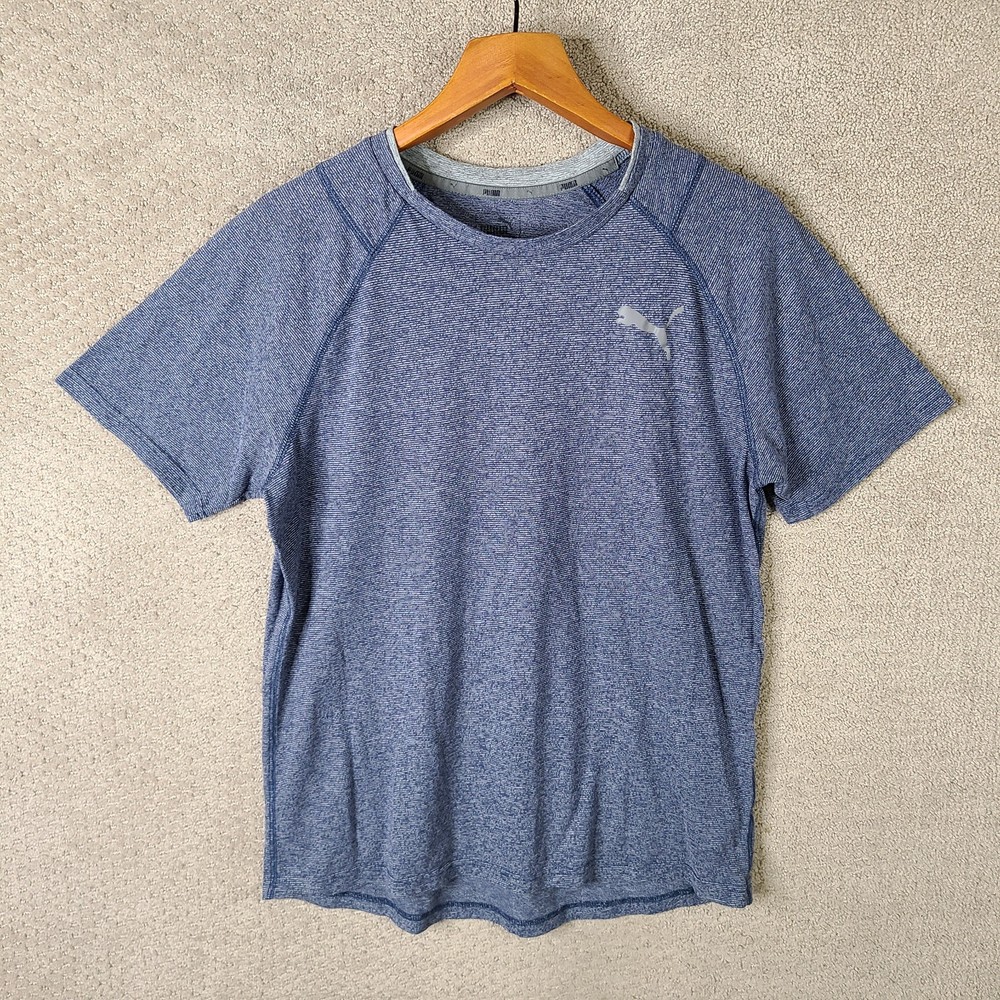 Puma Shirt Mens Medium Blue Striped Athletic Short Sleeve Cotton Blend