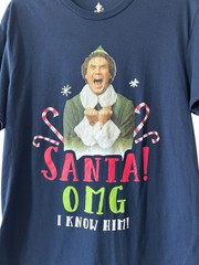 Elf Movie Santas Coming OMG I know Him Short Sleeve Crew Blue Shirt Size Large L