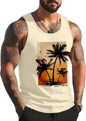 Mens Graphic Tank Tops Sleeveless Muscle Shirts Beach Palm Tree Hawaiian Gym Wor