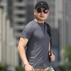 Outdoor Men’s Henry Collar Short Sleeve Shirts Waffle Quick dry Casual T-Shirts