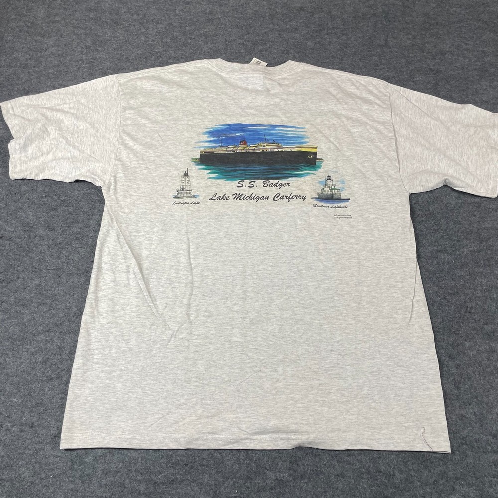 Gildan T Shirt Mens XL Gray SS Badger Lake Michigan Carferry Ship Deadstock 90s