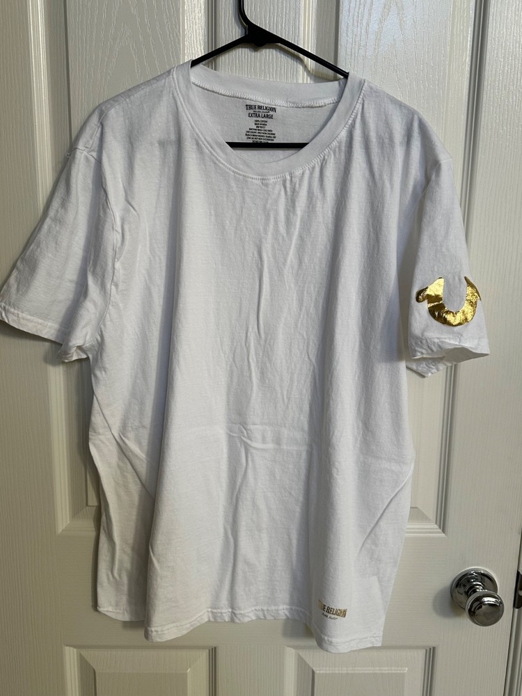 New Men’s True Religion White T Shirt Metallic Gold Foil Horseshoe Logo Size XL