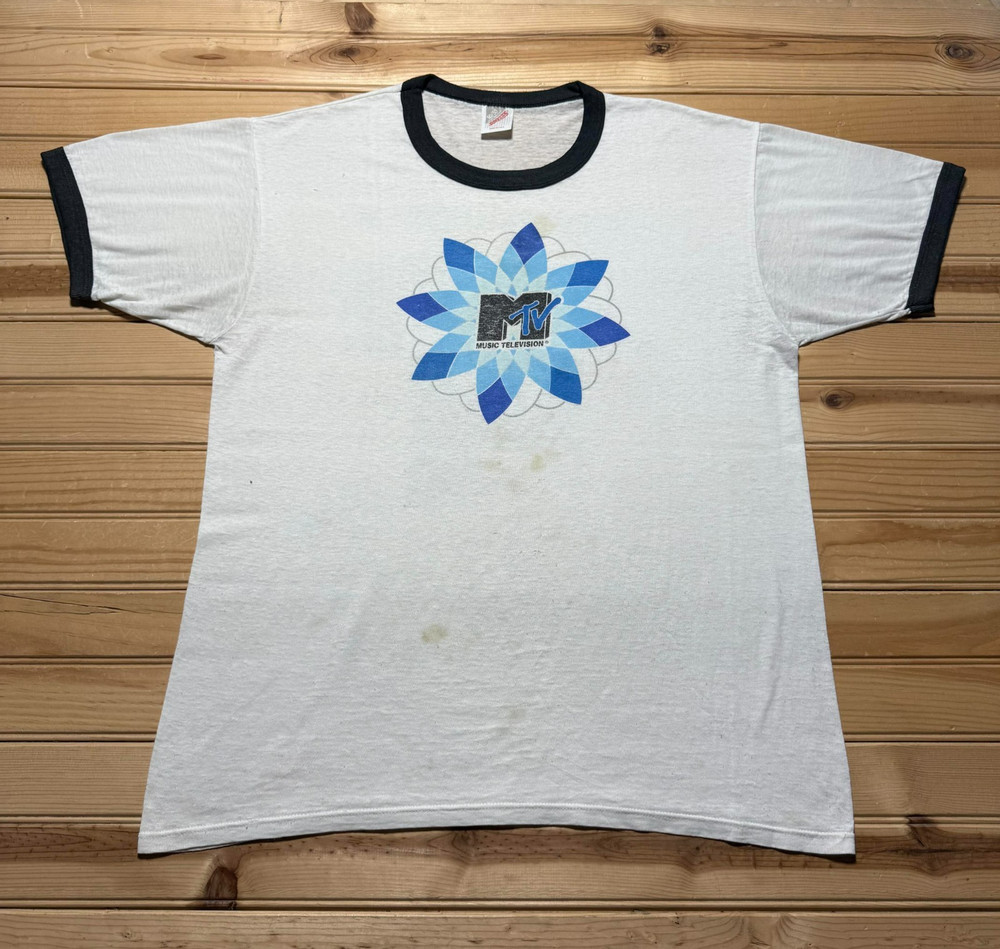 Vintage 1996 MTV Music Television Pinwheel Short Sleeve Ringer T-Shirt USA Large