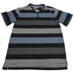 One90One Men’s Striped Henley T Shirt Blue Black Gray XXL Casual Short Sleeve