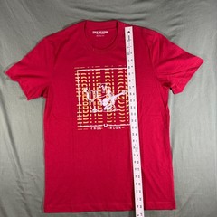 True Religion Mens Small Graphic T Shirt Red Buddha Guitar Logo Crew Neck