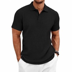 Men’s knitted textured simple short-sleeve polo shirt, casual golf business top,