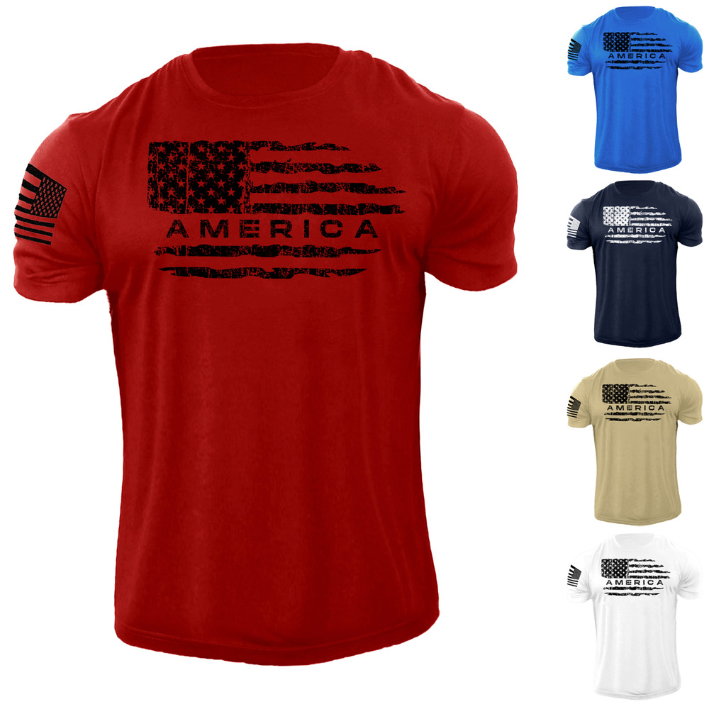 Men’s American Flag T Shirt Distress USA Patriotic 100% Cotton