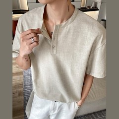 Men’s Casual Lightweight T Shirt Imitation Linen Texture Collar Design