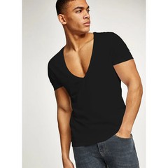 Men’s Deep V-Neck T-Shirt, Cotton Fitness Leisure Tops, Solid Color Europe Size