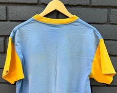 VTG Sunshine T shirt Racing Graphic Print Colorblock Blue Yellow L Short Sleeves