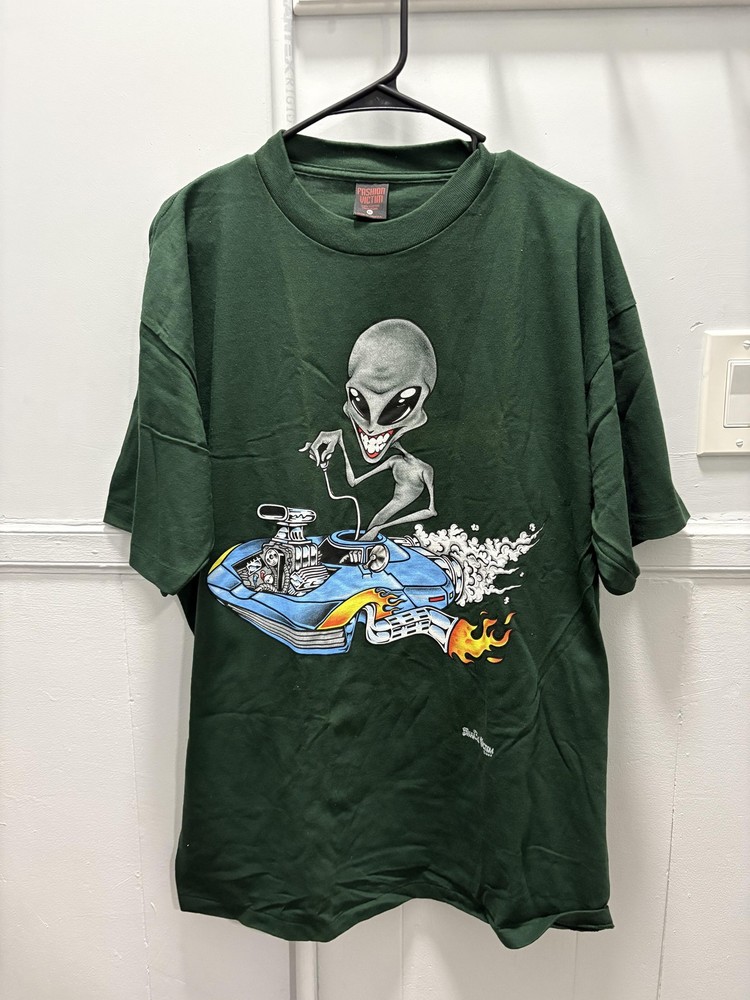 Vintage Fashion Victim Shirt Mens XL Green Alien Hot Rod Flames Graphic 1999 90s