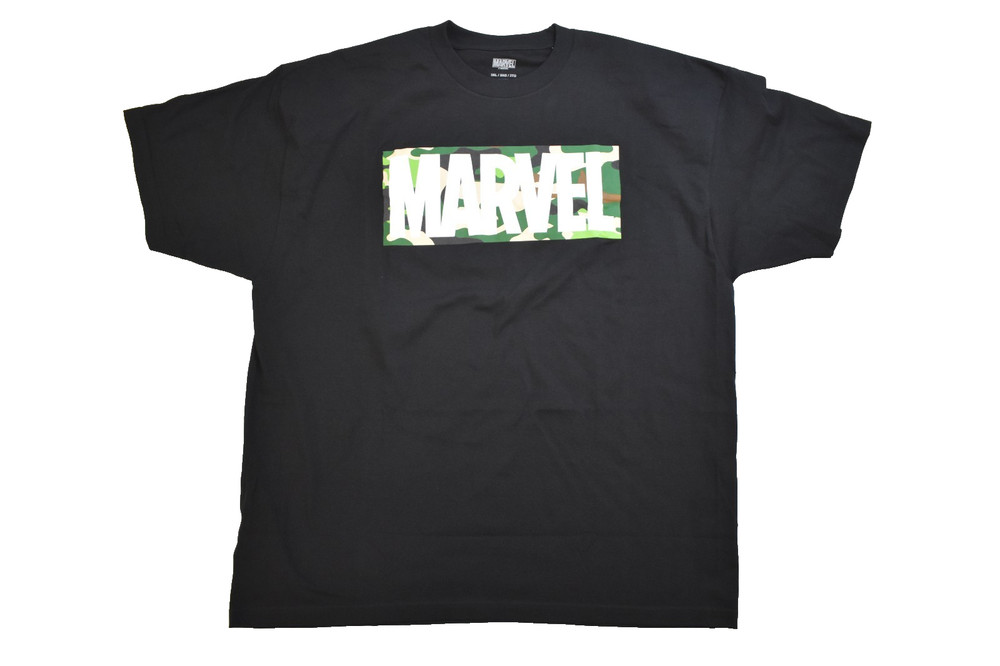 Marvel Mens Marvel Camo Box Logo Black Shirt NWT 2XL-6XL