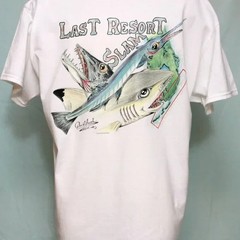 Cartoon Shark Barracuda Needlefish Florida Key Fisherman Fun Men’s Large T-Shirt