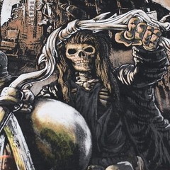 Biker style T-Shirt. Skeleton on a Burning Motorcycle.