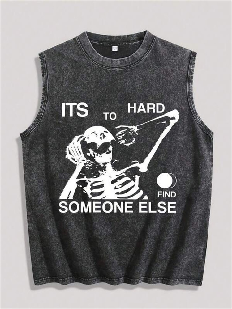 Men Retro Wash Sleeveless Summer Casual Tank Top Skeleton With Letter Print