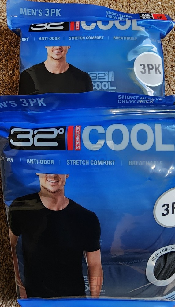 NIP 32 Degrees Men’s SZ Med Cool Tee, 3 Pkg Black Crew Neck