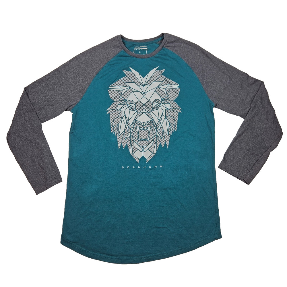 Sean John Lion Graphic L T-Shirt Raglan Teal w/ Gray Long Sleeve Crew Neck Cott