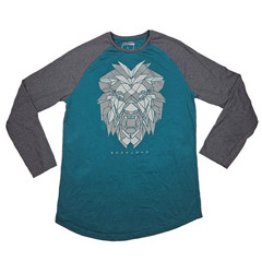 Sean John Lion Graphic L T-Shirt Raglan Teal w/ Gray Long Sleeve Crew Neck Cott