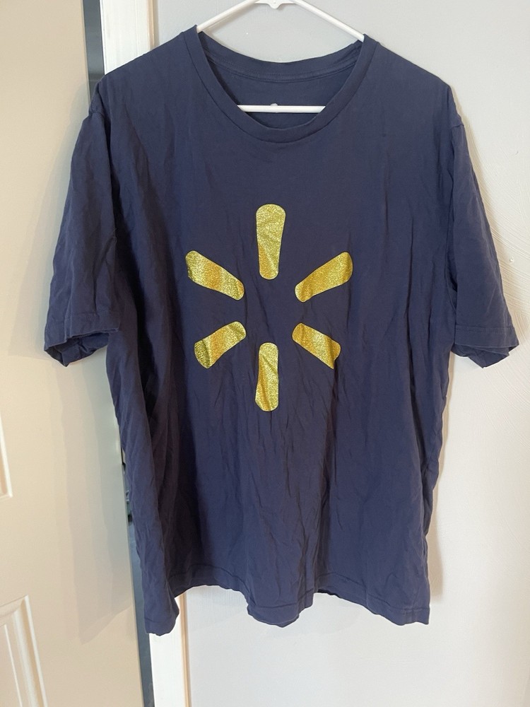 WALMART Logo Glitter Navy Yellow Graphic T-Shirt 2XL Unisex Short Sleeve Cotton