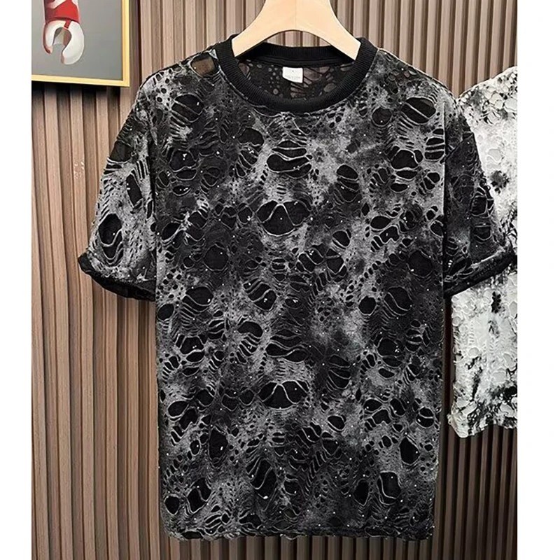 Men Luxury Fashion Trendy Diamond Ripped Hole Casual Summer Streetwear T-Shirt