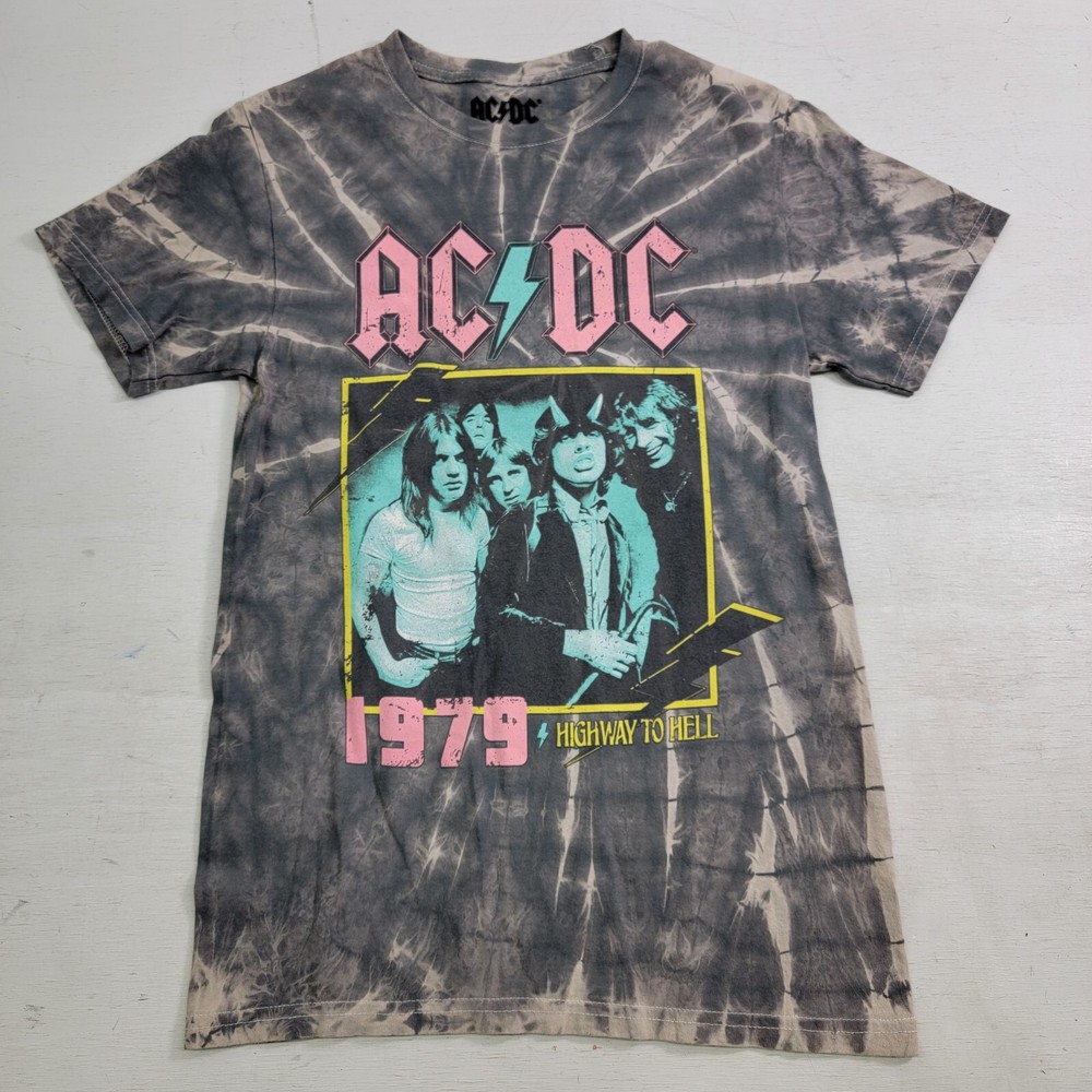 ACDC AC/DC Highway To Hell T Shirt Adult S Tie Dye Metal Rock Black Bleach Wash
