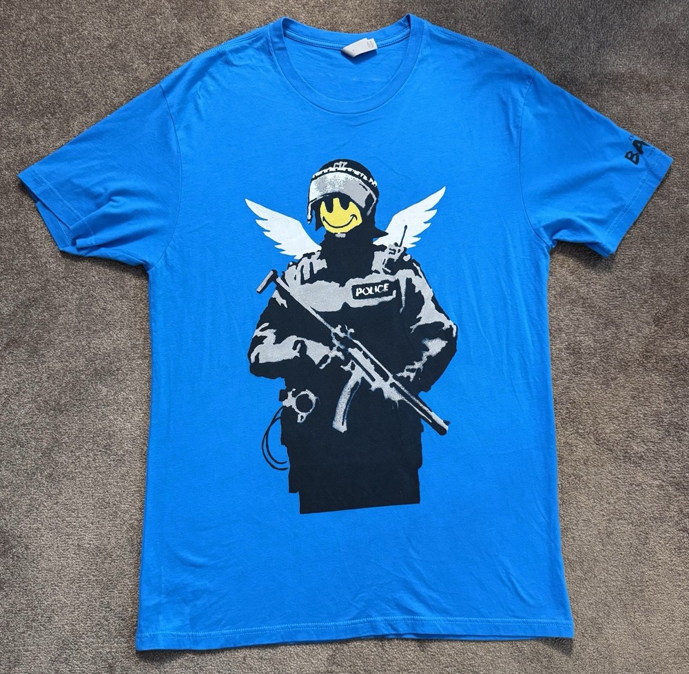 Banksy Art Police T-shirt Sz L Blue “Without Limits” Street Art Smiley Face