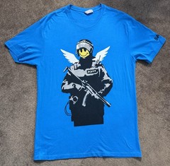 Banksy Art Police T-shirt Sz L Blue “Without Limits” Street Art Smiley Face
