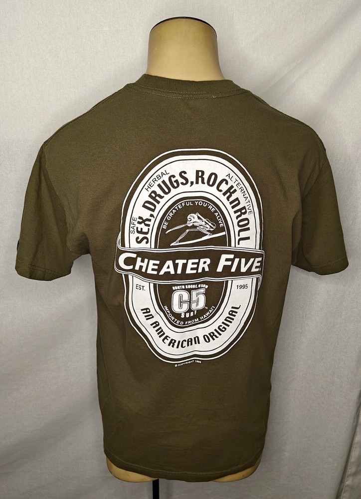 VTG 90s Cheater Five Sex Drugs Rock N Roll army green surf skate t-shirt Large