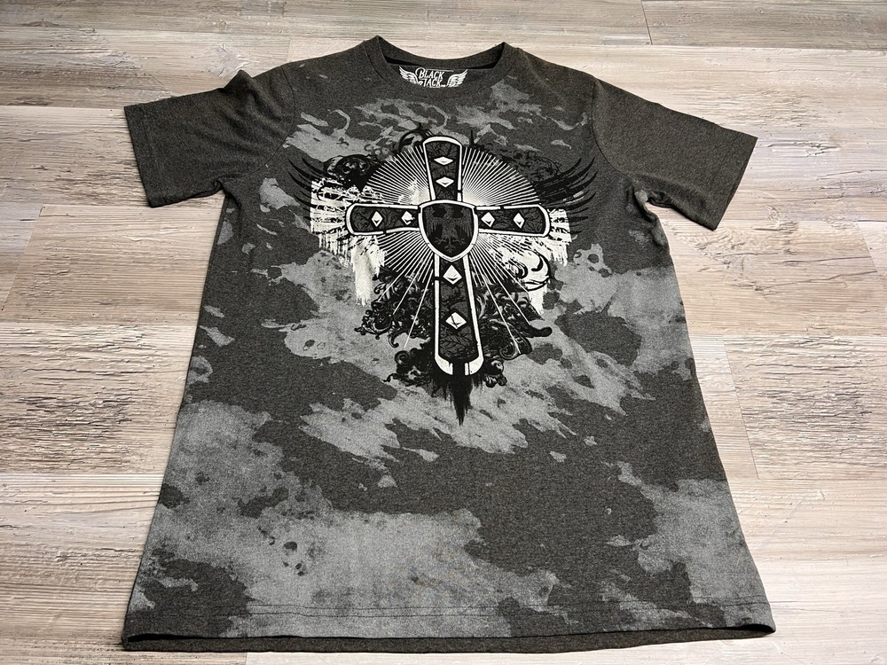 Black Jack Y2K Affliction Style Cross Wings Bleach Wash Graphic Tee Mens Small