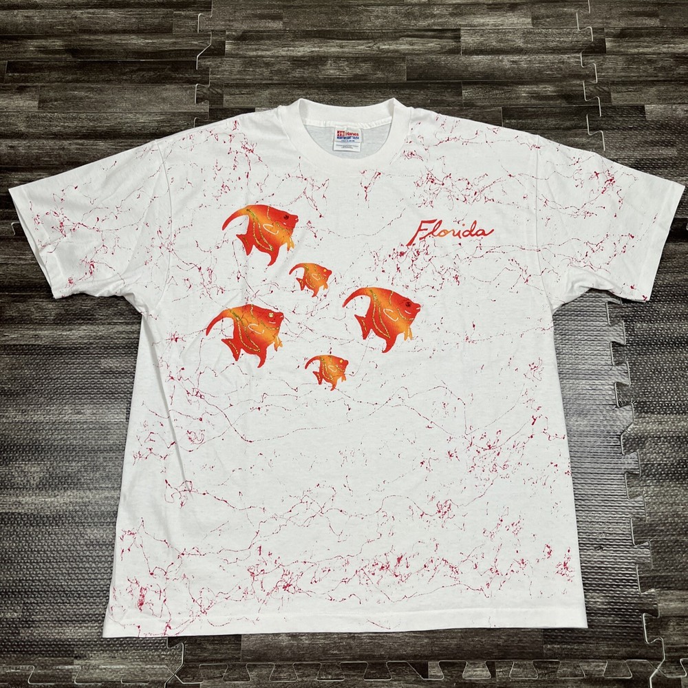 Vintage 90s All Over Print Fish Tshirt XL White Single Stitch Hand Painted VTG