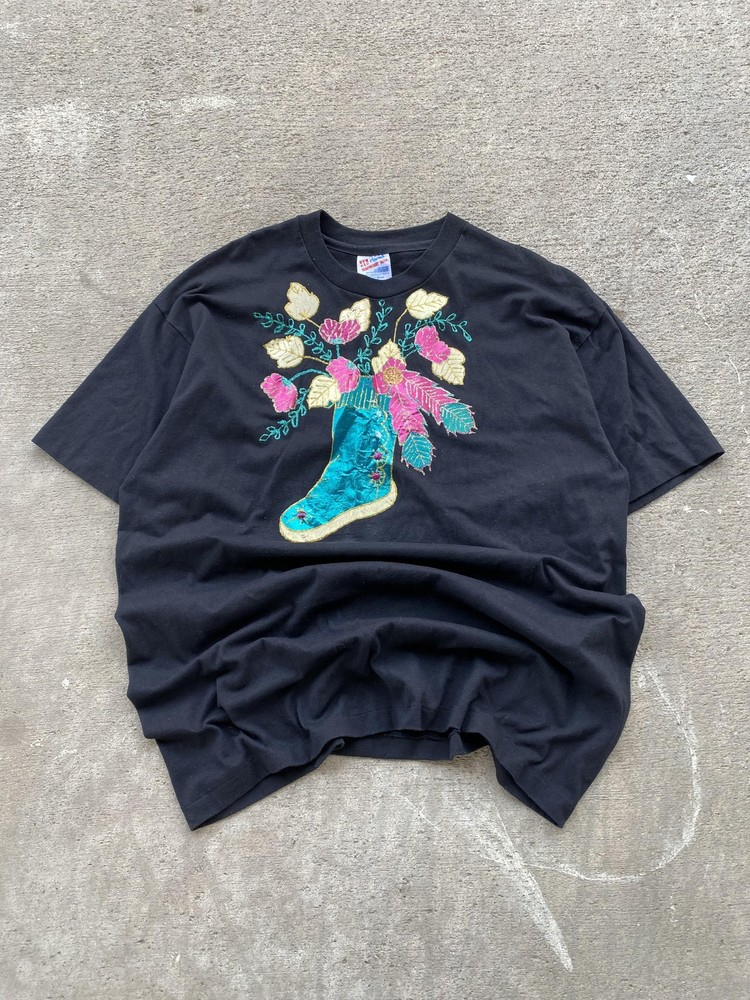 Vintage Custom Hanes Shirt Mens XL Black Western Boot Floral Glitter Graphic Tee