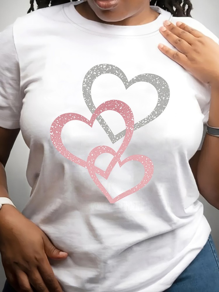 Women’s Round Neck Romantic Short-Sleeved T-Shirt Summer Heart Pattern Pullover♪