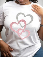 Women’s Round Neck Romantic Short-Sleeved T-Shirt Summer Heart Pattern Pullover♪