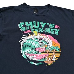 Chuy’s Tex-Mex Surfing Skeleton T Shirt Men’s Medium Graphic Tee Taco Retro
