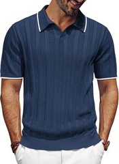 Mens V-Neck Knit Polo Shirt Textured Lightweight Breathable Summer Casual Top