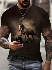 Mens 3D Horse Graphic T-Shirt Short Sleeve Animal Print Streetwear Tee