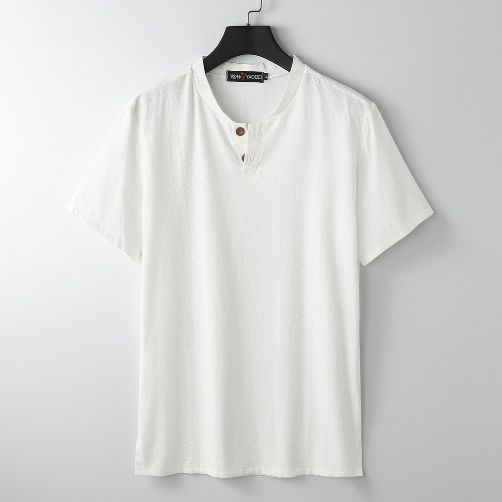 Men’s Stand-up Collar Short Sleeve Cotton Hemp Summer T-shirt Loose Linen V-neck