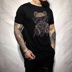 New Fashion Rhinestone Bear Short Sleeve Luxury Men T-Shirt All Sizes Plus Size