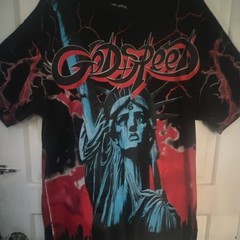 Mens Godspeed Statue of Liberty Lightning Sky print Short sleeved T-shirt